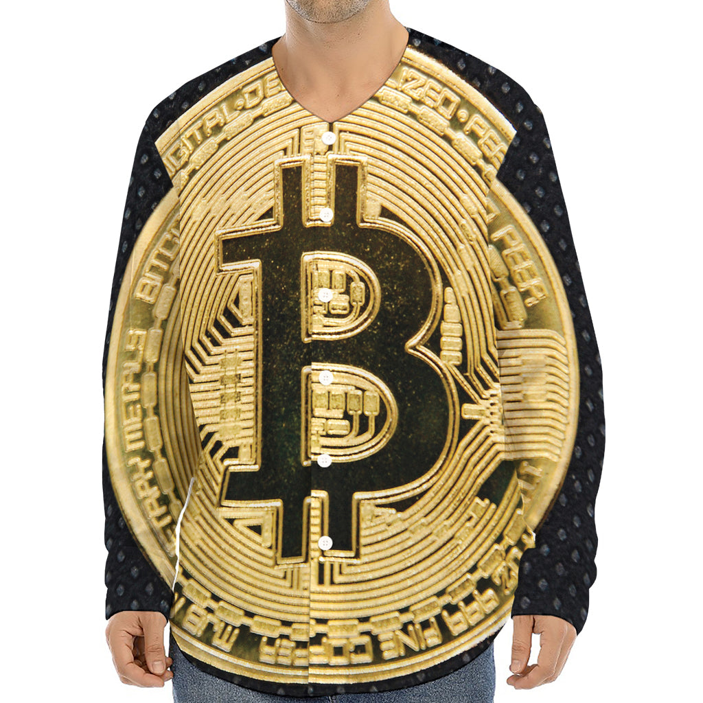 Gold Bitcoin Symbol Print Long Sleeve Baseball Jersey