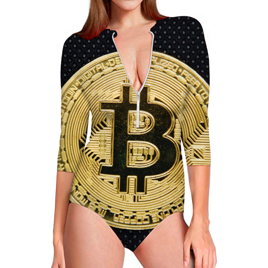 Gold Bitcoin Symbol Print Long Sleeve Swimsuit