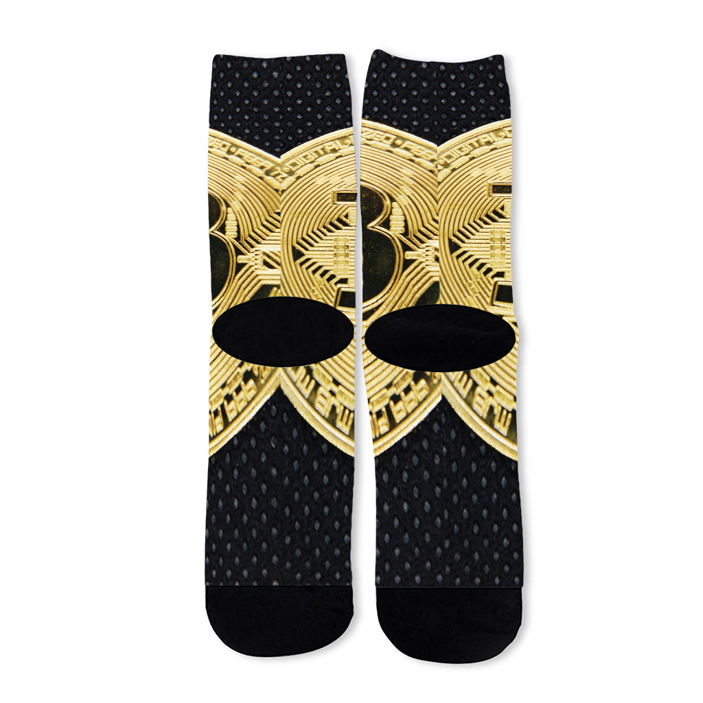 Gold Bitcoin Symbol Print Long Socks