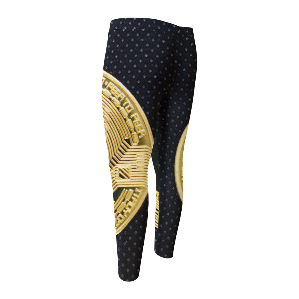 Gold Bitcoin Symbol Print Men's Compression Pants