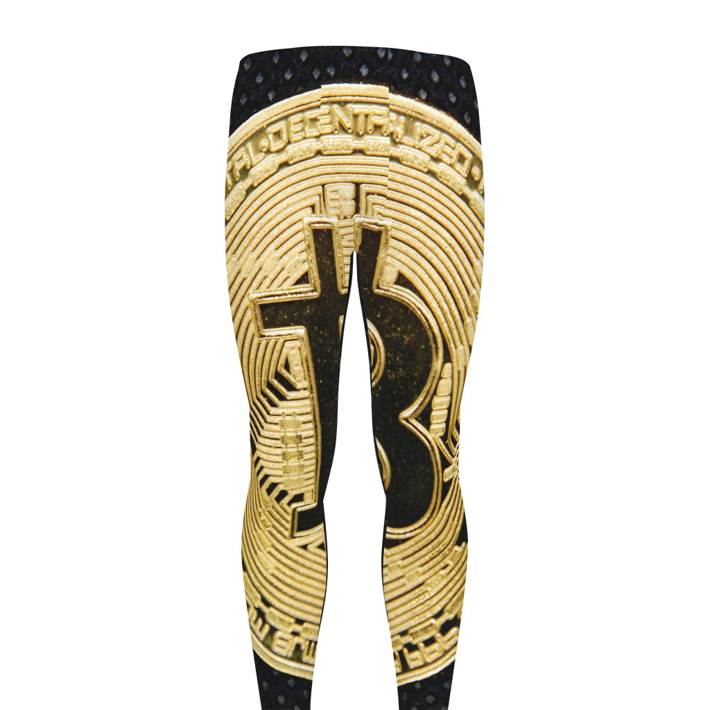 Gold Bitcoin Symbol Print Men's leggings