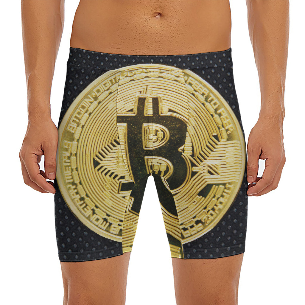 Gold Bitcoin Symbol Print Men's Long Boxer Briefs