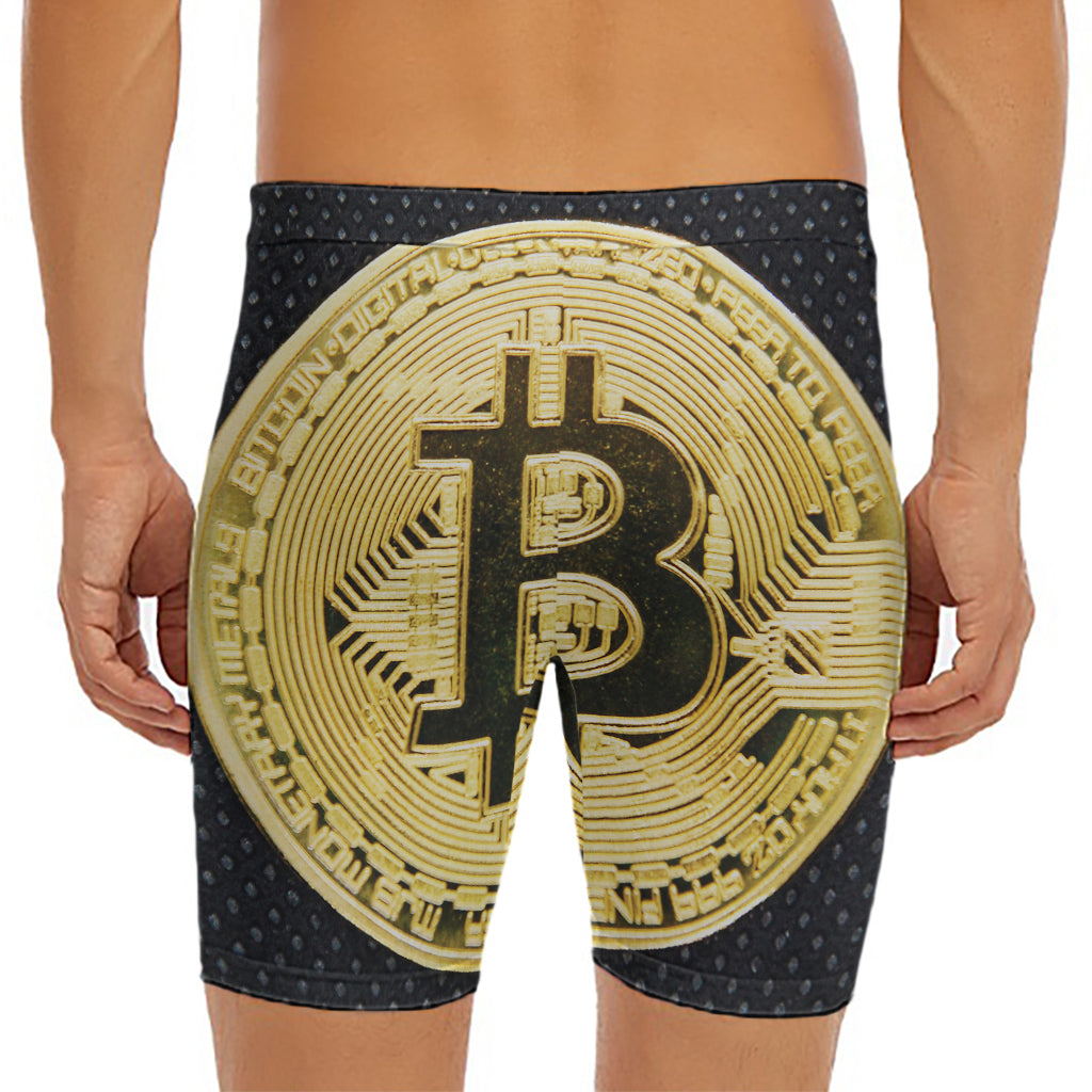 Gold Bitcoin Symbol Print Men's Long Boxer Briefs