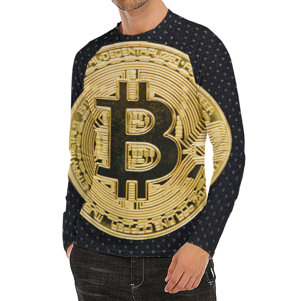 Gold Bitcoin Symbol Print Men's Long Sleeve Rash Guard