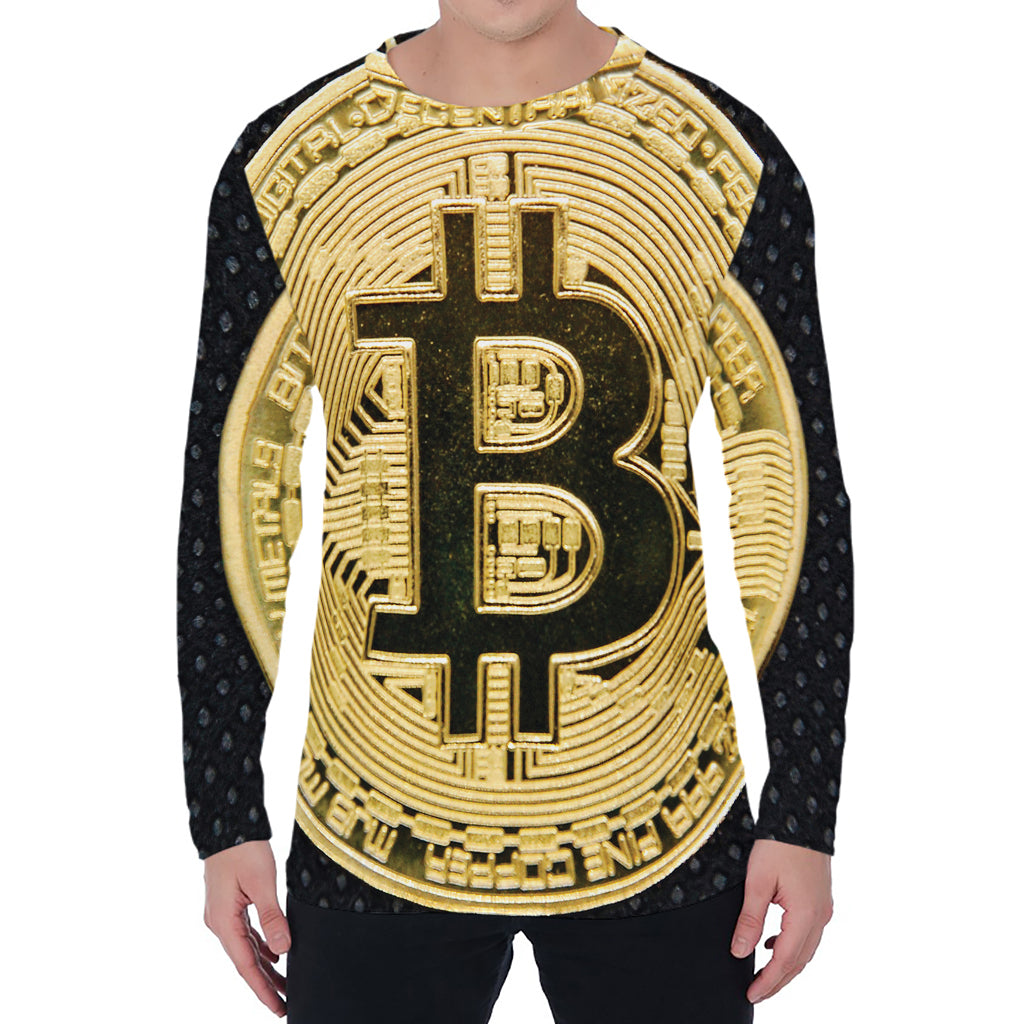 Gold Bitcoin Symbol Print Men's Long Sleeve T-Shirt