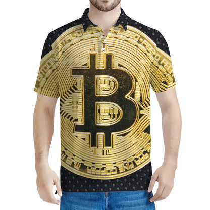 Gold Bitcoin Symbol Print Men's Polo Shirt