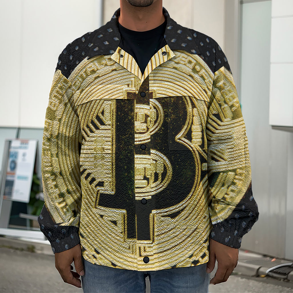 Gold Bitcoin Symbol Print Men's Shirt Jacket