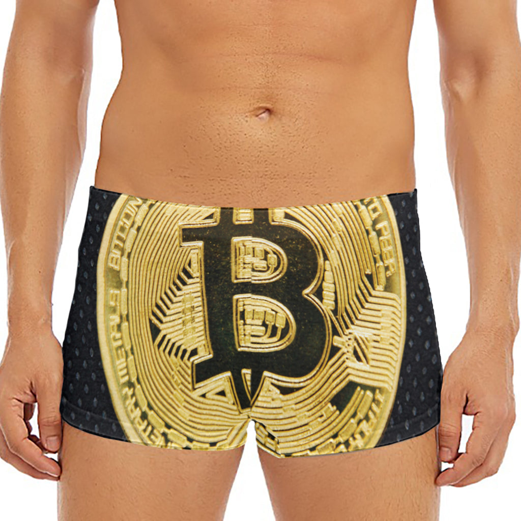 Gold Bitcoin Symbol Print Men's Short Boxer Briefs