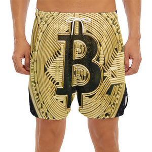 Gold Bitcoin Symbol Print Men's Split Running Shorts