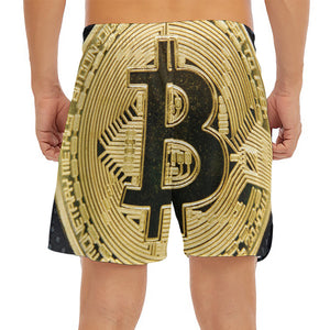 Gold Bitcoin Symbol Print Men's Split Running Shorts