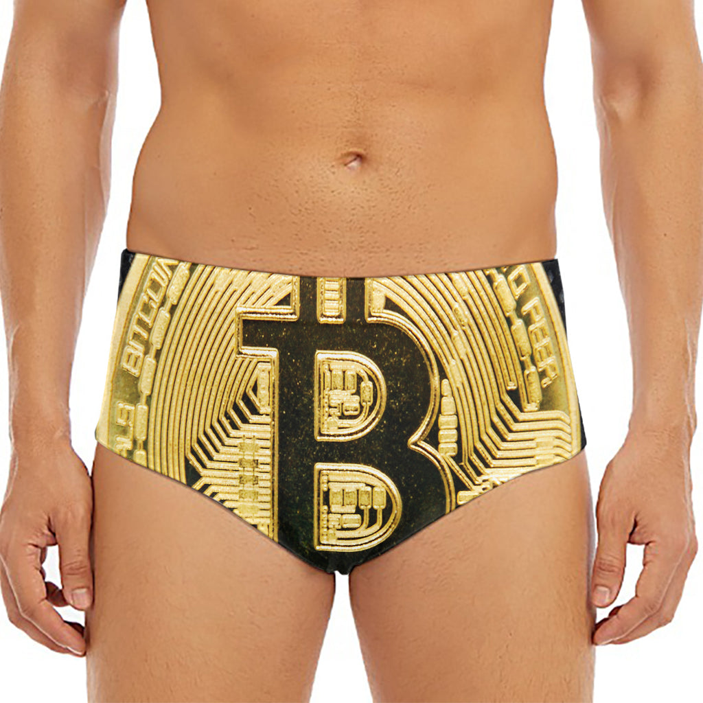 Gold Bitcoin Symbol Print Men's Triangle Swim Briefs