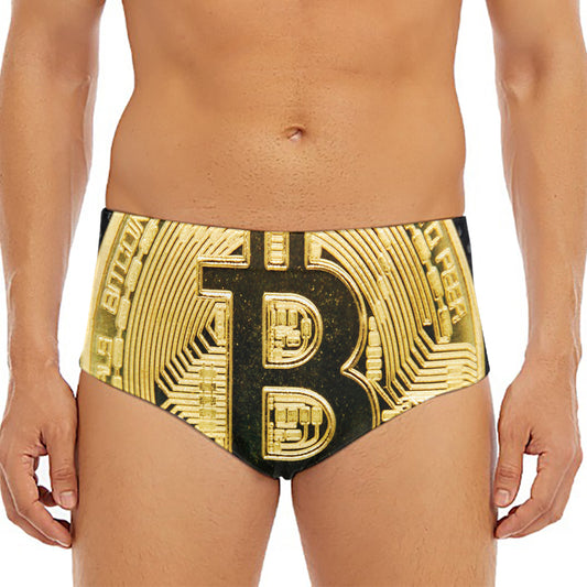 Gold Bitcoin Symbol Print Men's Triangle Swim Briefs