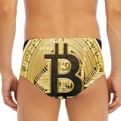 Gold Bitcoin Symbol Print Men's Triangle Swim Briefs