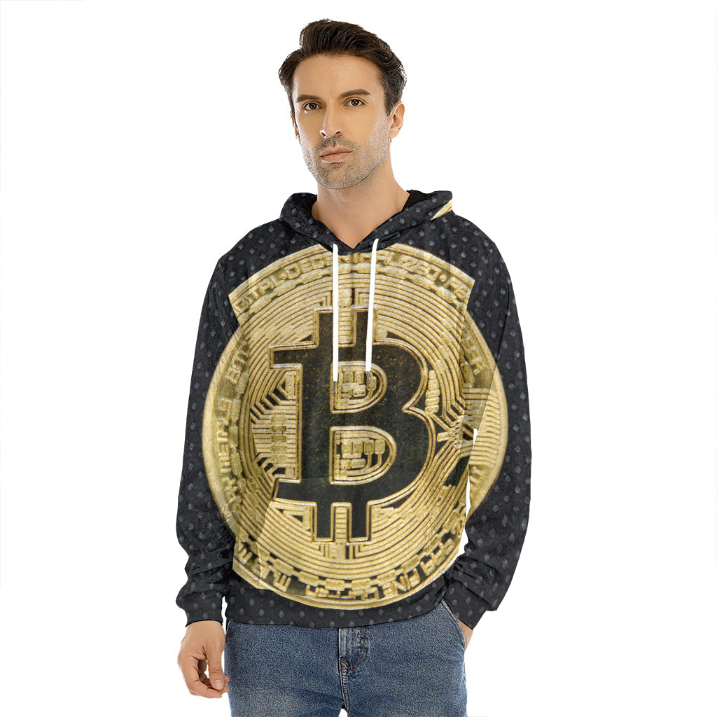 Gold Bitcoin Symbol Print Men's Velvet Pullover Hoodie