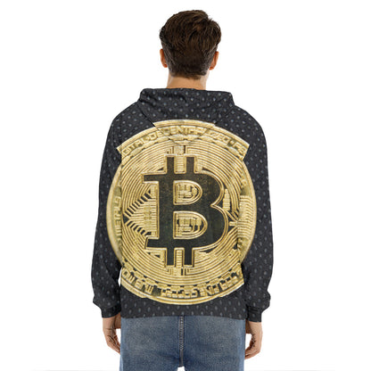 Gold Bitcoin Symbol Print Men's Velvet Pullover Hoodie