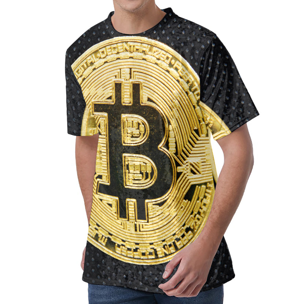 Gold Bitcoin Symbol Print Men's Velvet T-Shirt