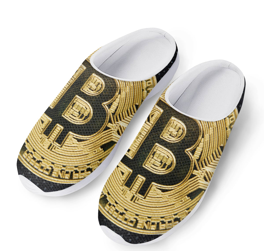 Gold Bitcoin Symbol Print Mesh Casual Shoes