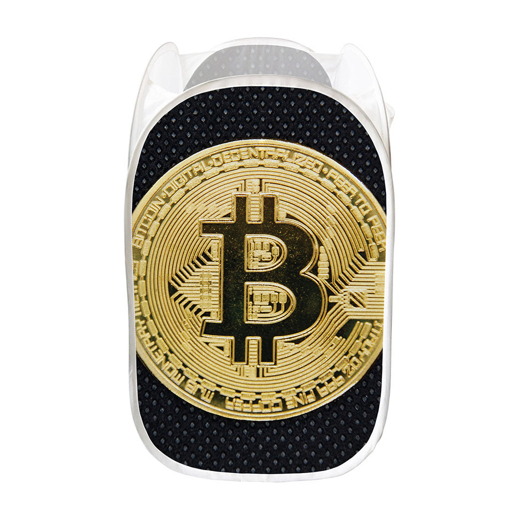 Gold Bitcoin Symbol Print Mesh Laundry Hamper