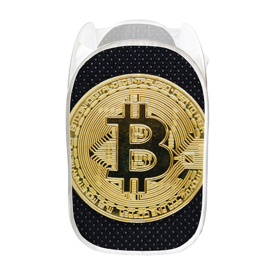 Gold Bitcoin Symbol Print Mesh Laundry Hamper