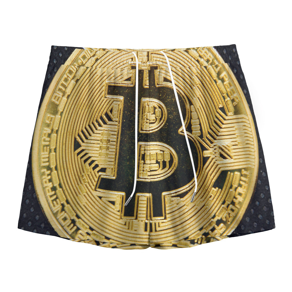 Gold Bitcoin Symbol Print Mesh Shorts