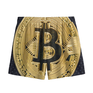 Gold Bitcoin Symbol Print Mesh Shorts