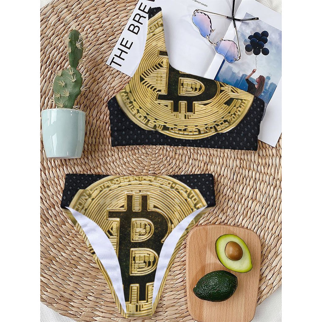 Gold Bitcoin Symbol Print One Shoulder Bikini Top