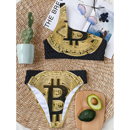 Gold Bitcoin Symbol Print One Shoulder Bikini Top