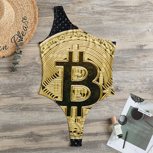 Gold Bitcoin Symbol Print One Shoulder Bodysuit