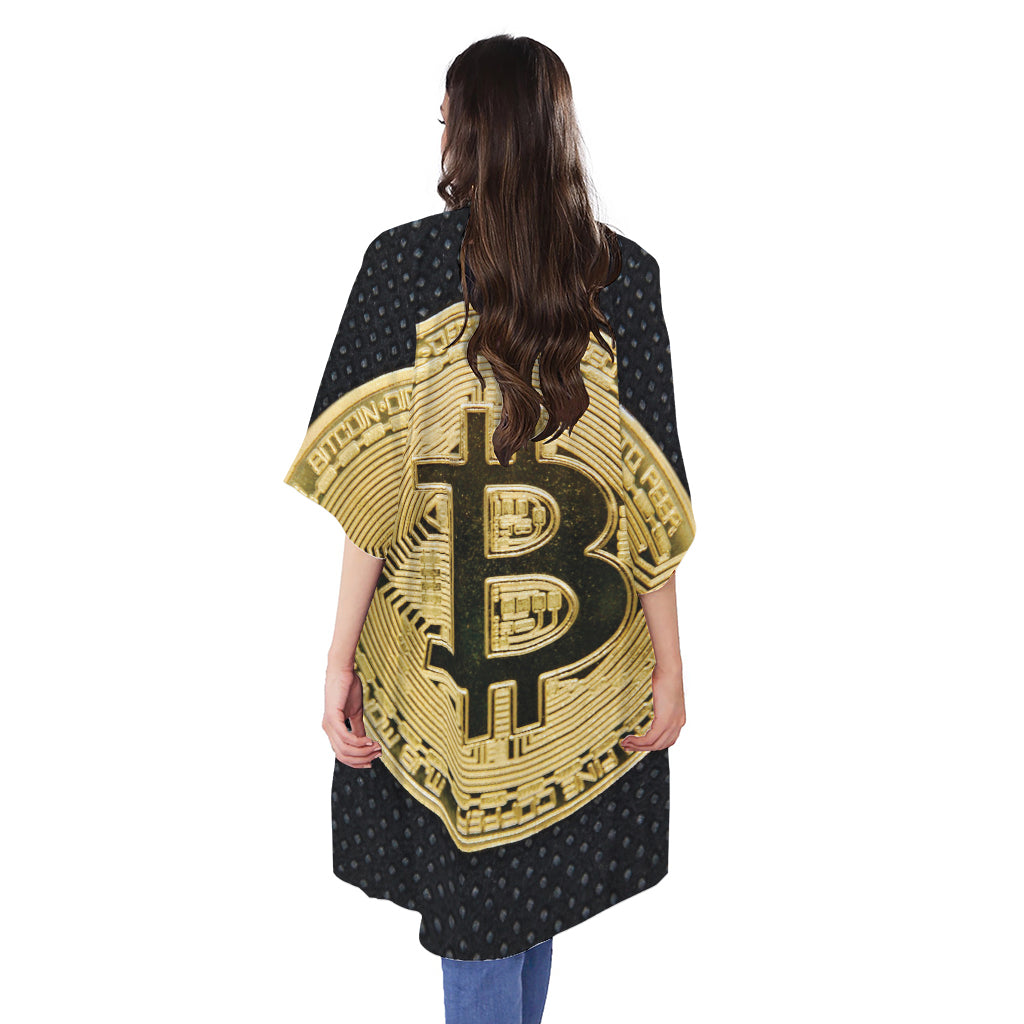 Gold Bitcoin Symbol Print Open Front Beach Cover Up