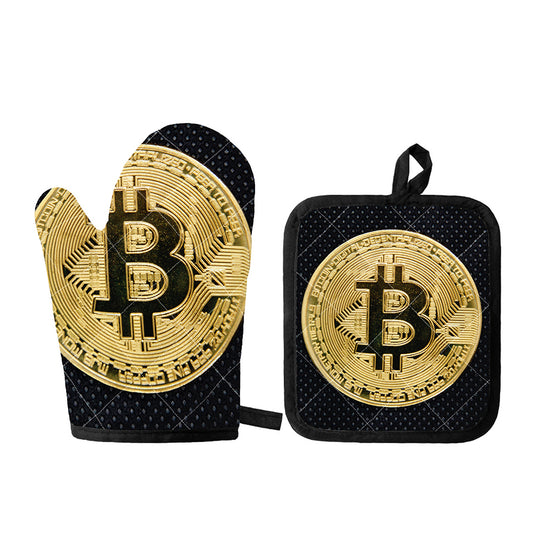 Gold Bitcoin Symbol Print Oven Mitt And Pot Holder Set