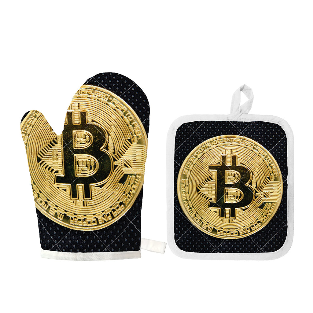 Gold Bitcoin Symbol Print Oven Mitt And Pot Holder Set