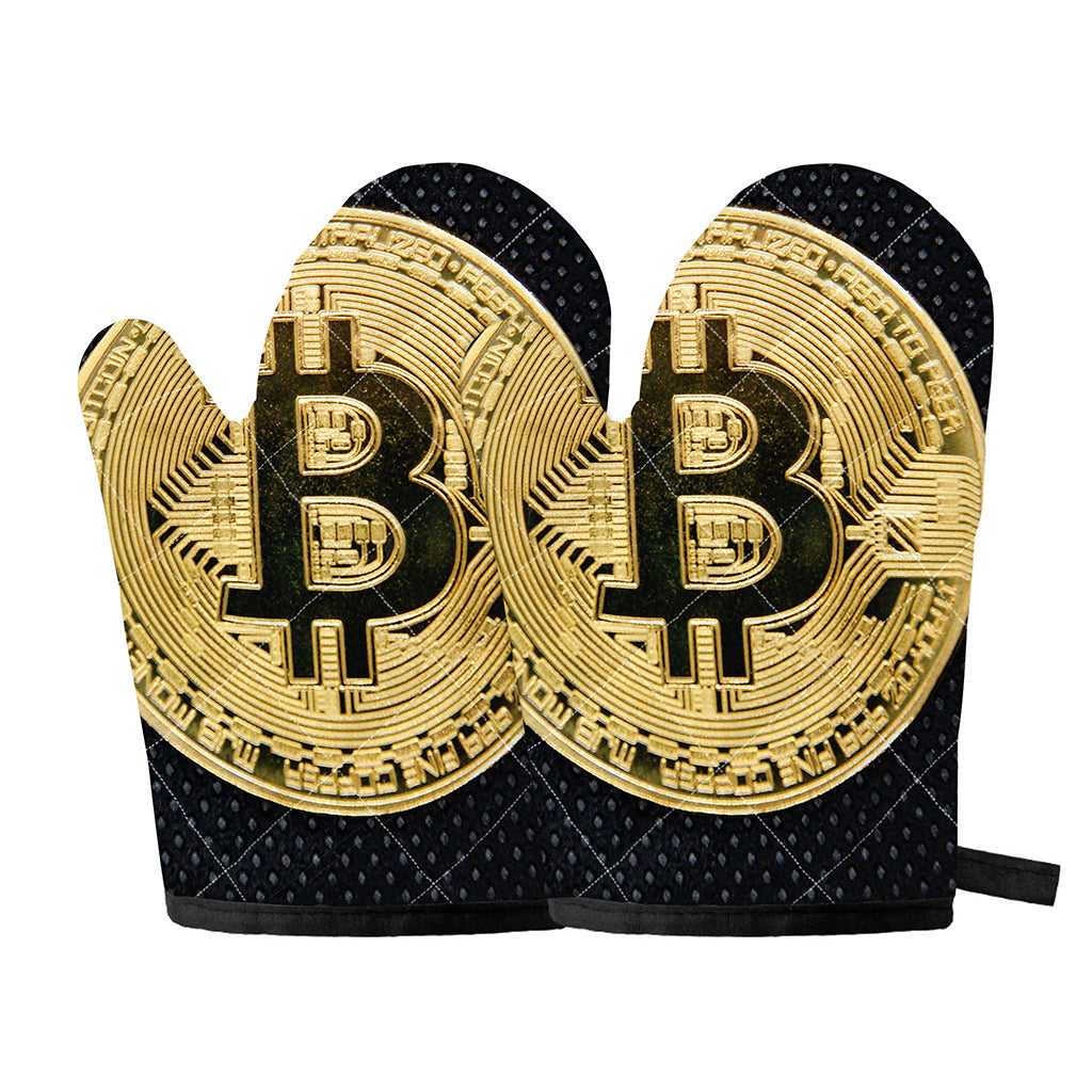 Gold Bitcoin Symbol Print Oven Mitts