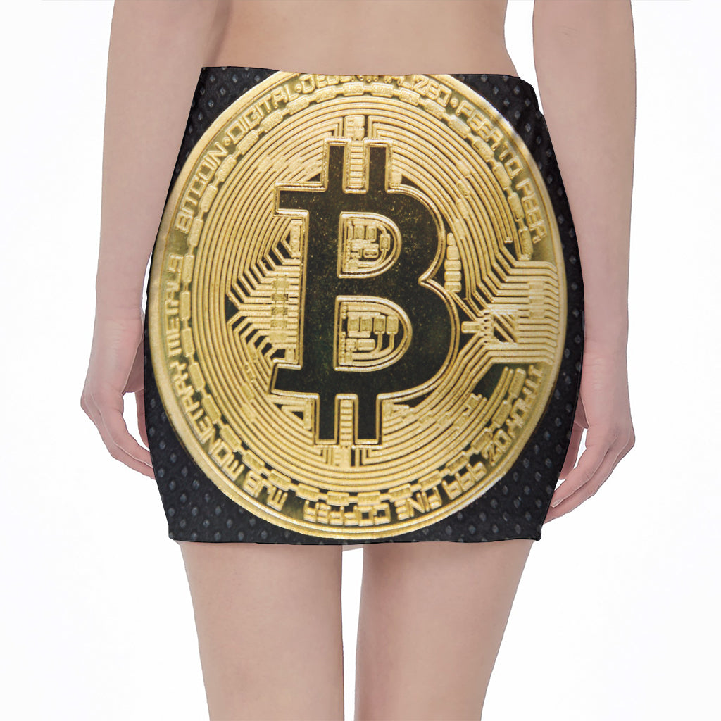 Gold Bitcoin Symbol Print Pencil Mini Skirt