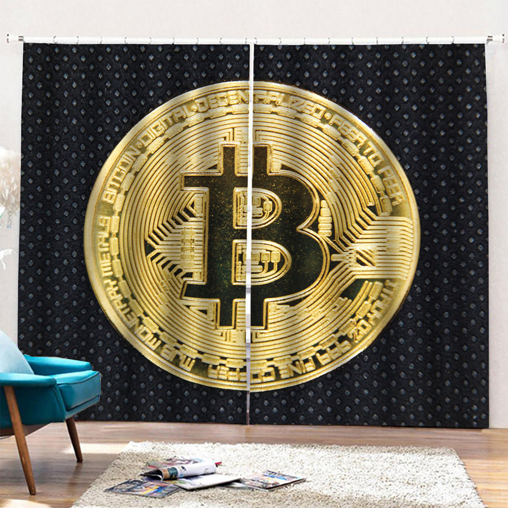 Gold Bitcoin Symbol Print Pencil Pleat Curtains