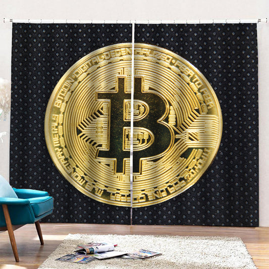Gold Bitcoin Symbol Print Pencil Pleat Curtains