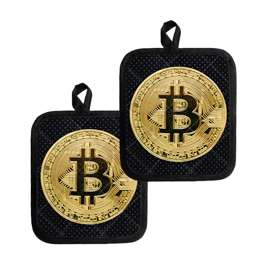 Gold Bitcoin Symbol Print Pot Holders