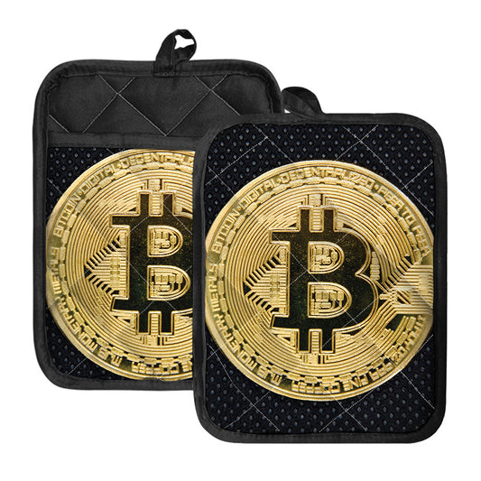 Gold Bitcoin Symbol Print Pot Holders With Pocket