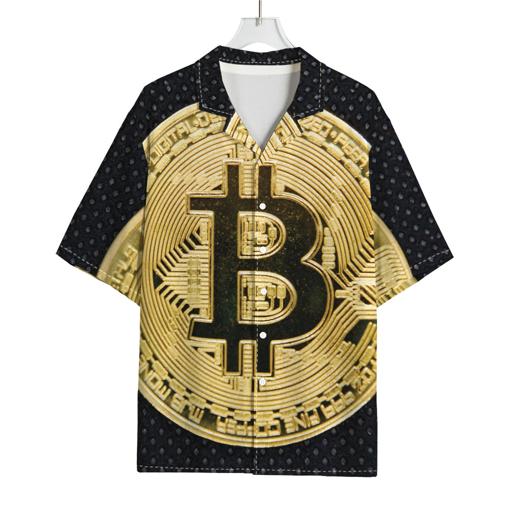 Gold Bitcoin Symbol Print Rayon Hawaiian Shirt