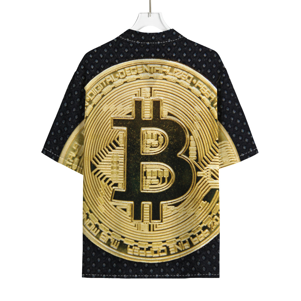 Gold Bitcoin Symbol Print Rayon Hawaiian Shirt