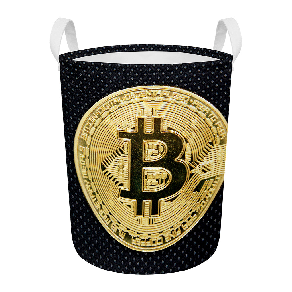 Gold Bitcoin Symbol Print Round Laundry Basket