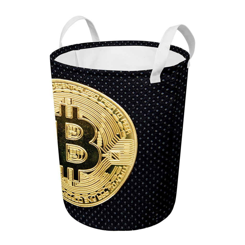 Gold Bitcoin Symbol Print Round Laundry Basket