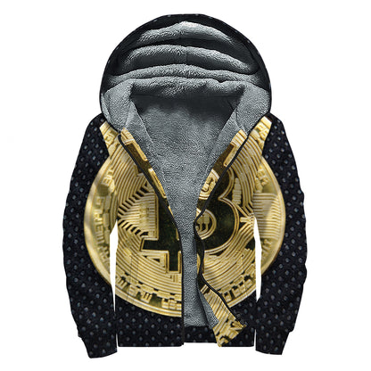Gold Bitcoin Symbol Print Sherpa Lined Zip Up Hoodie