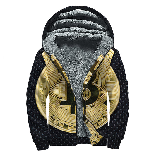 Gold Bitcoin Symbol Print Sherpa Lined Zip Up Hoodie