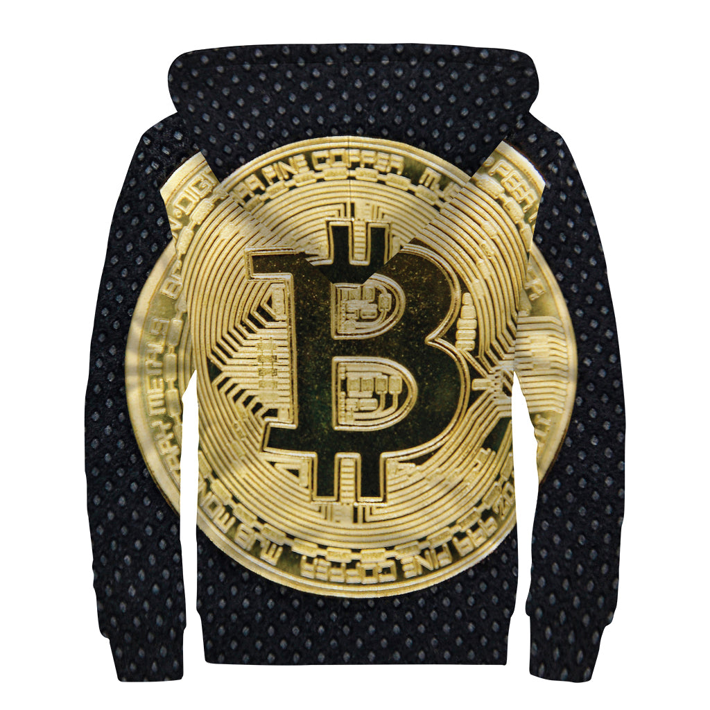 Gold Bitcoin Symbol Print Sherpa Lined Zip Up Hoodie