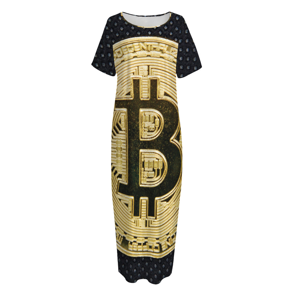 Gold Bitcoin Symbol Print Short Sleeve Long Nightdress