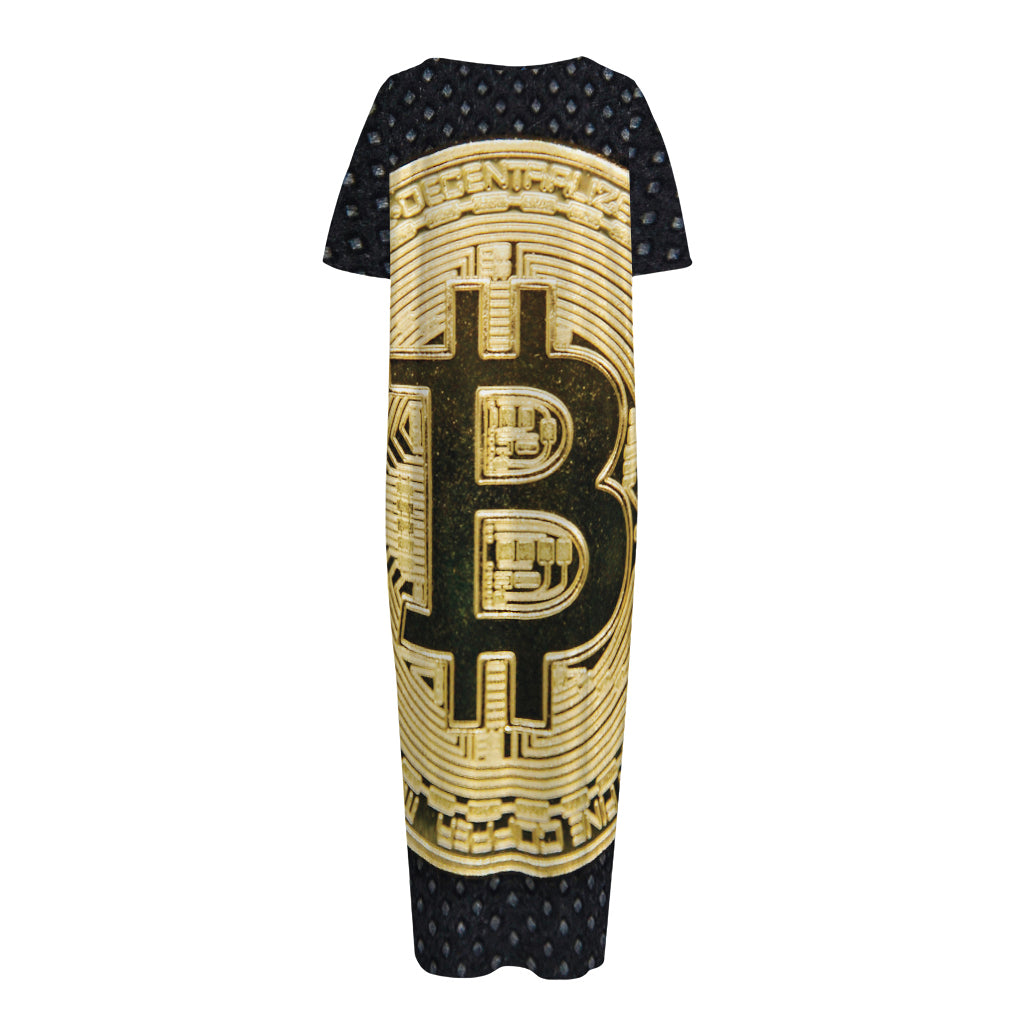 Gold Bitcoin Symbol Print Short Sleeve Long Nightdress