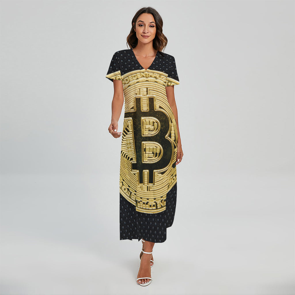 Gold Bitcoin Symbol Print Short Sleeve Maxi Dress