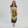 Gold Bitcoin Symbol Print Short Sleeve Maxi Dress