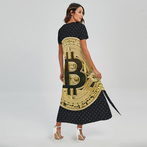 Gold Bitcoin Symbol Print Short Sleeve Maxi Dress