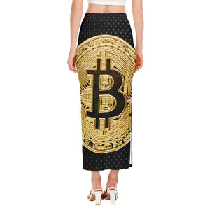 Gold Bitcoin Symbol Print Side Slit Maxi Skirt